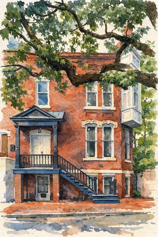 Watercolor illustration of a brick Savannah townhouse shaded by live oaks.