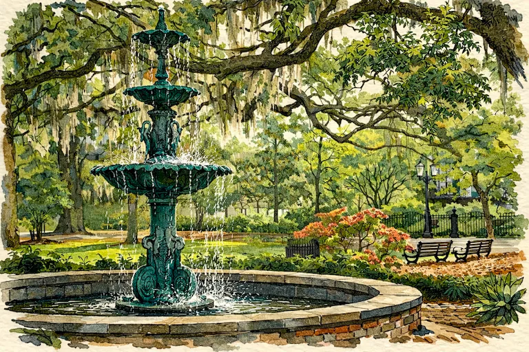 A Savannah fountain surrounded by greenery